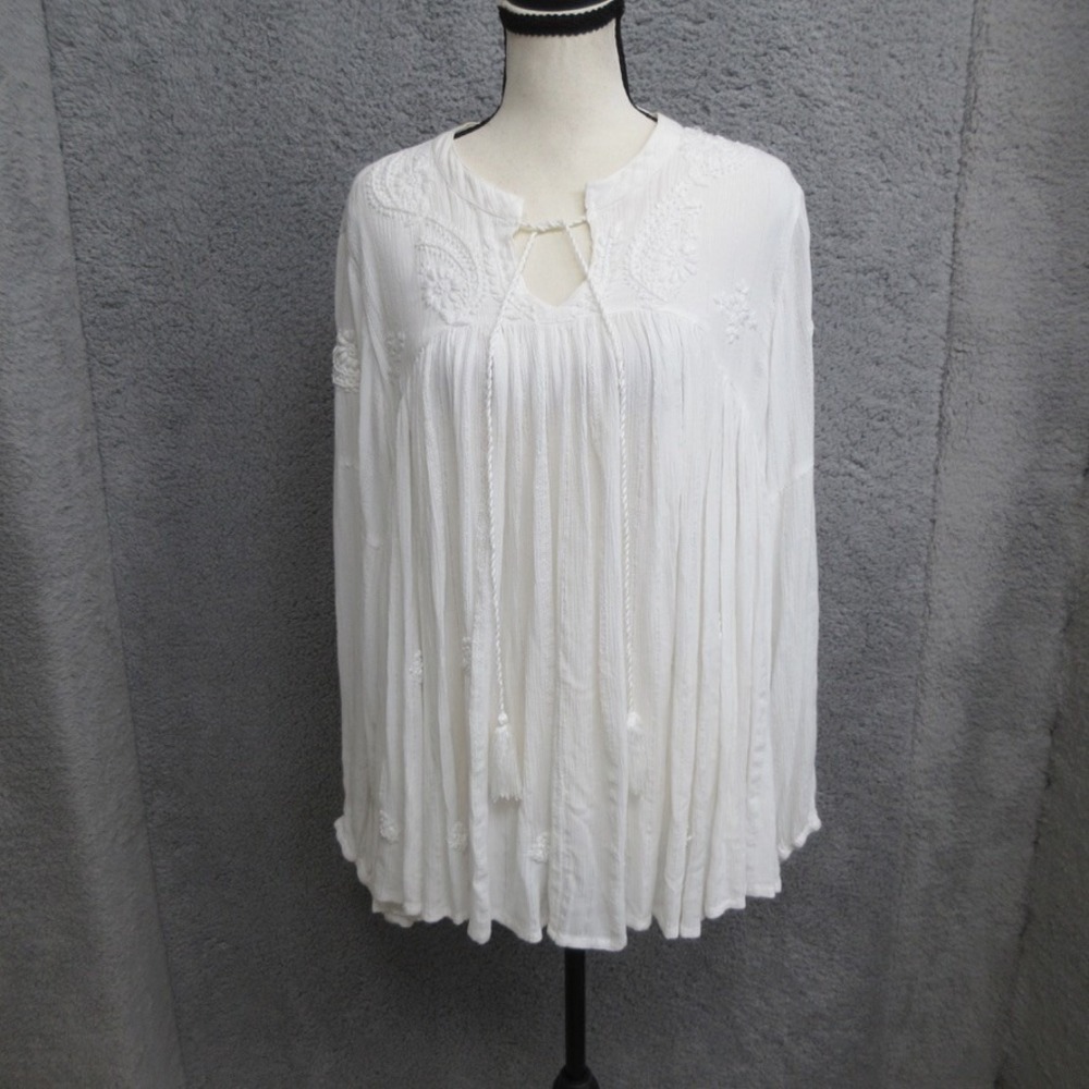Rachel Zoe Boho Embroidered Blouse Women XL White Tassel Peasant Top Cottagecore